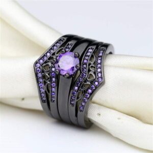 Two Rings His Hers Wedding Ring Sets Couples Matching Rings Women's 2pc Black Gold Filled Amethyst CZ Wedding Engagement Ring Bridal Sets Men's Titanium Wedding Band