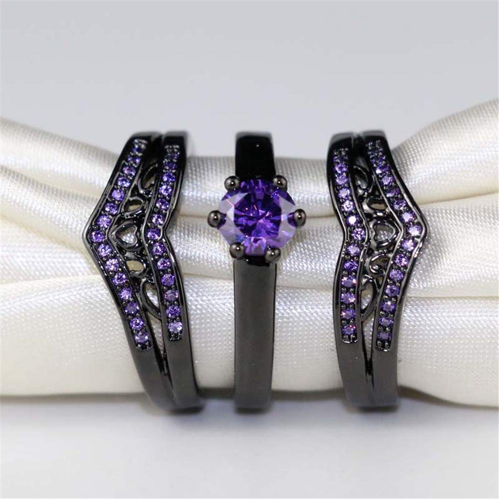 Two Rings His Hers Wedding Ring Sets Couples Matching Rings Women's 2pc Black Gold Filled Amethyst CZ Wedding Engagement Ring Bridal Sets Men's Titanium Wedding Band