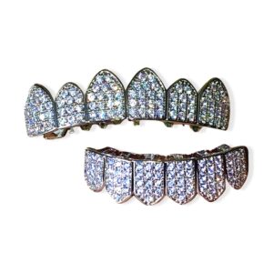 18k white gold plated cz cluster custom slugs top bottom grillz mouth teeth grills set - grillz, teeth cap, iced out grillz (silver top & bottom set)