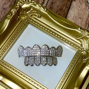 18K White Gold Plated CZ Cluster Custom Slugs Top Bottom Grillz Mouth Teeth Grills Set - Grillz, Teeth Cap, Iced Out Grillz (Silver Top & Bottom Set)