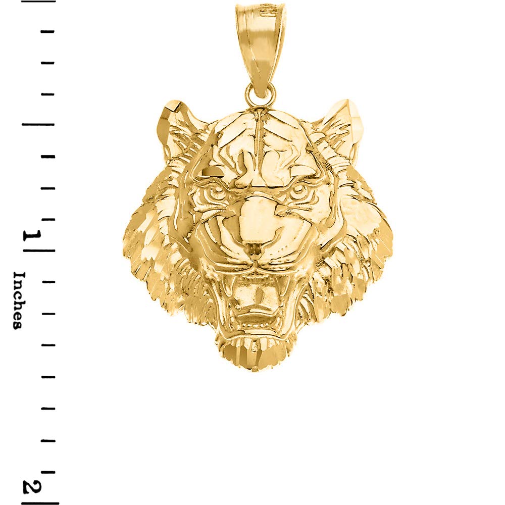 Fine 14k Yellow Gold Roaring Tiger Head Animal Necklace Pendant, 1.31"