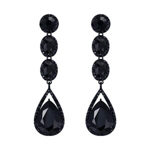 Flyonce Wedding Bridal Rhinestone Crystal Multi Teardrop Pierced Dangle Earrings Black Black-Tone