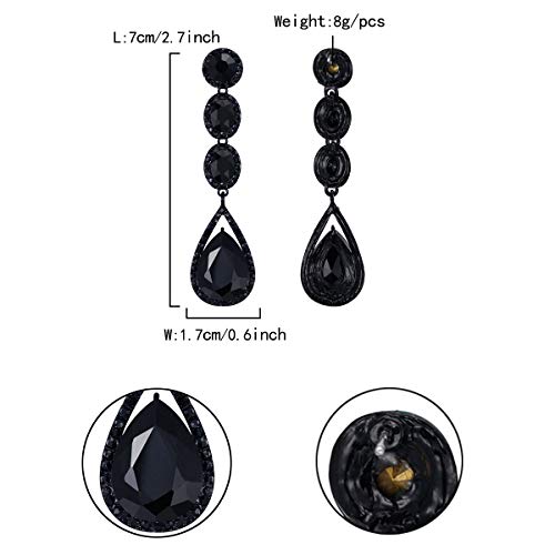 Flyonce Wedding Bridal Rhinestone Crystal Multi Teardrop Pierced Dangle Earrings Black Black-Tone