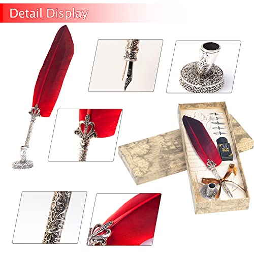 VABNEER Feather Quill Pen Retro Feather Pen Premium Metal Nibbed Pen Writing Quill Fit for Self-use,executive Gift and Antique Desk Decor (Bright Red)