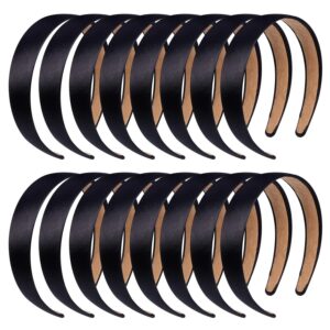 anezus 16 pcs satin headbands bulk 1 inch anti-slip black ribbon hair bands plain hard headbands for women girls diy craft hair accessories (black)