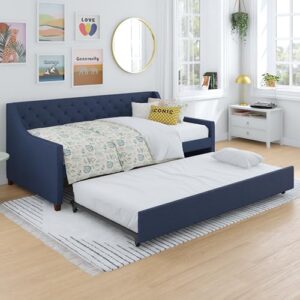 Novogratz Her Majesty Upholstered Daybed with Trundle, Twin Size Frame, Blue Linen