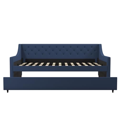 Novogratz Her Majesty Upholstered Daybed with Trundle, Twin Size Frame, Blue Linen