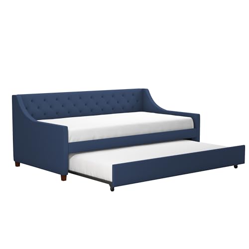 Novogratz Her Majesty Upholstered Daybed with Trundle, Twin Size Frame, Blue Linen