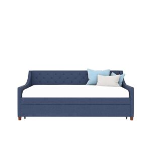 Novogratz Her Majesty Upholstered Daybed with Trundle, Twin Size Frame, Blue Linen