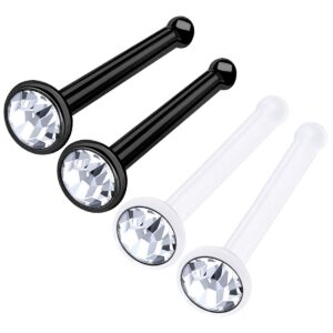 4pcs black anodized bioflex clear 18g 20g 9/32 7mm nose bone studs piercing jewelry 2.5mm clear crystal m3760