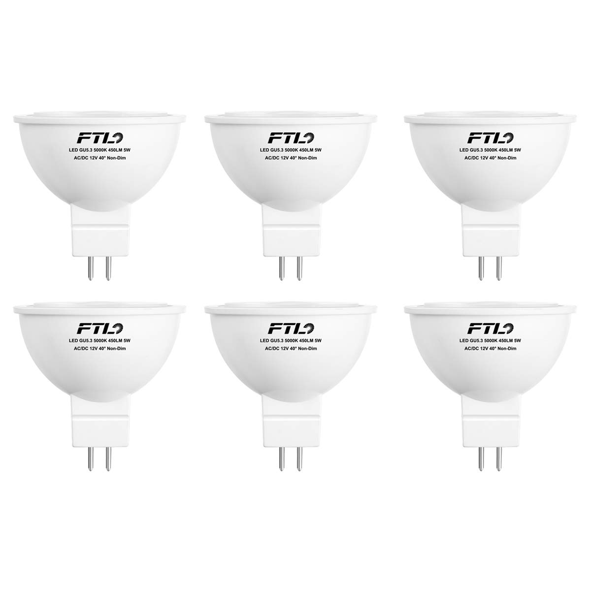 FTL MR16 LED Bulb 12V 50W Equivalent Halogen Replacement GU5.3 Pin Base 5W 5000K Daylight Non-Dimmable for Landscape and Track Lights,6-Pack