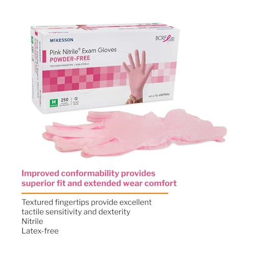 McKesson Pink Nitrile Exam Gloves - Powder-Free, Latex-Free, Ambidextrous, Textured Fingertips, Non-Sterile - Size Large, 250 Count, 1 Box