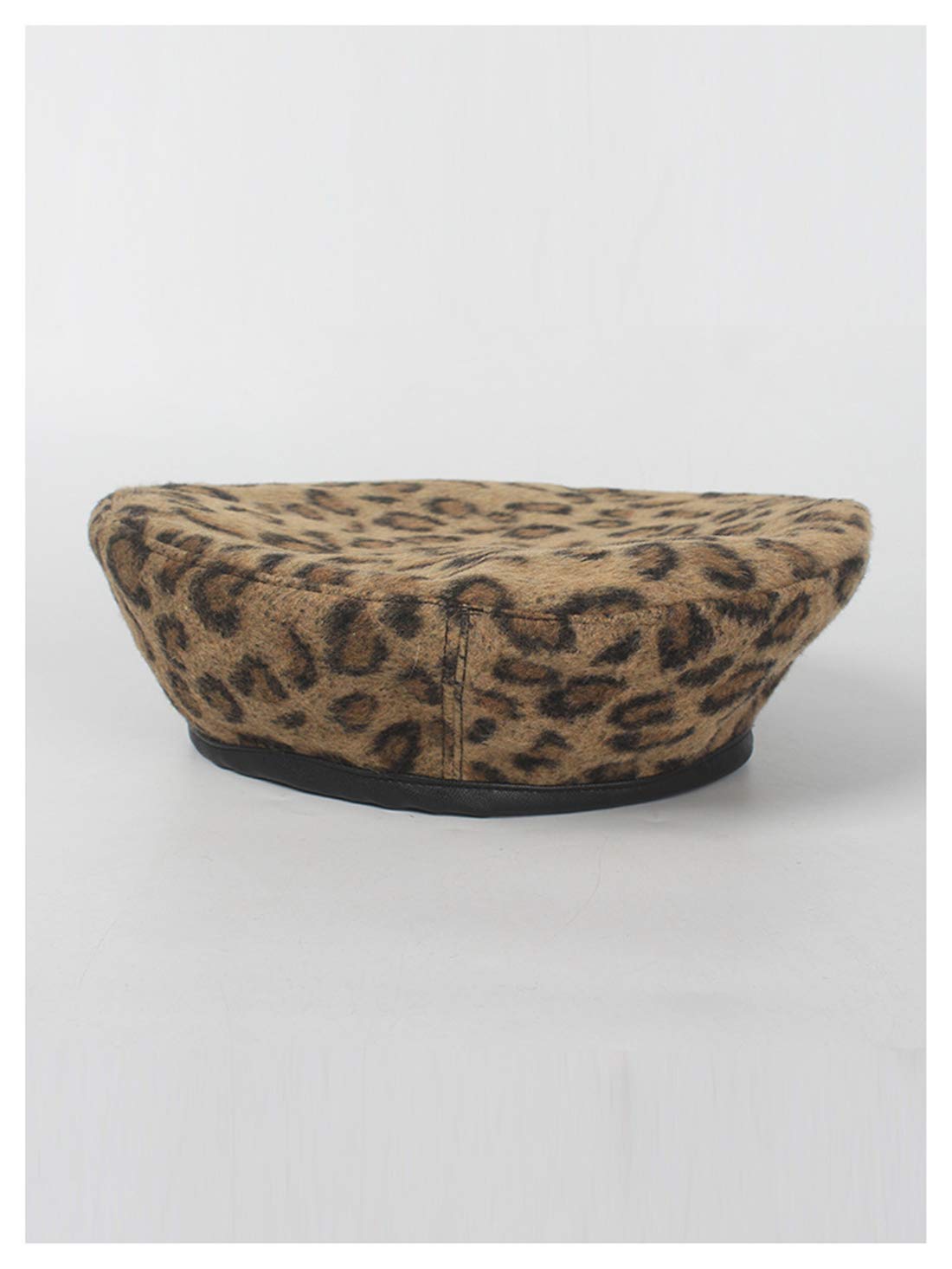 Jewelry-Box Fashion Lady Leopard Print Beret Hat Wool Warm Plain Beanie Hat Cap, Brown