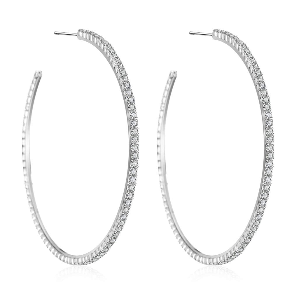 925 Sterling Silver 18K White Gold Plated Open C Hoops Earrings 2", Crystal Rhinestone Earring for Women