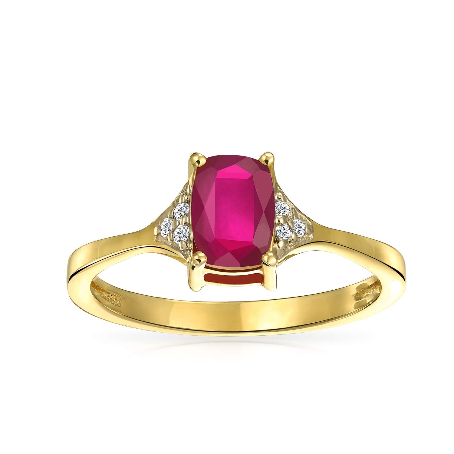 Personalized 2.34CT Genuine Gemstone Birthstones Zircon Accent Red Created Ruby Emerald Cut Cocktail Engagement Ring Yellow 14K Gold Plated .925 Sterling Silver Customizable