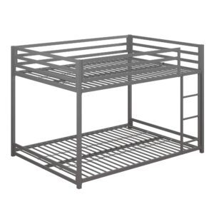 dhp miles low metal bunk bed frame for kids, with built-in ladder, high guardrail and metal slats, floor bed bottom bunk, no boxspring required, for small spaces, full-over-full, silver