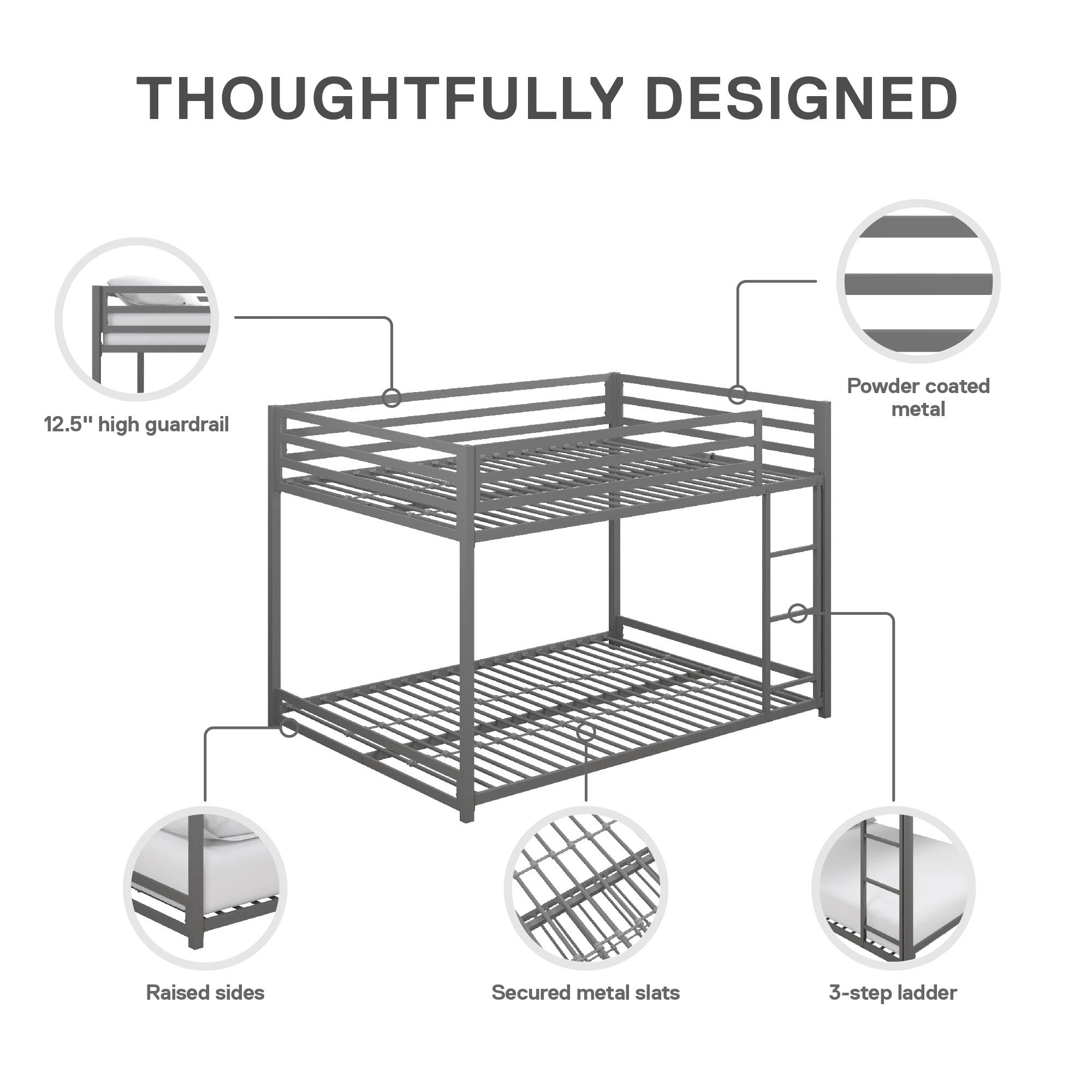 DHP Miles Low Metal Bunk Bed Frame for Kids, With Built-in Ladder, High Guardrail and Metal Slats, Floor Bed Bottom Bunk, No Boxspring Required, For Small Spaces, Full-Over-Full, Silver