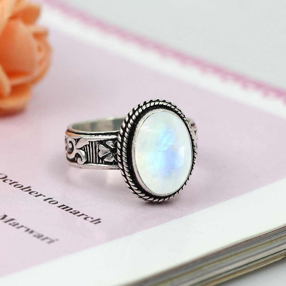 Moonstone Sterling Silver Plated Handmade Ring Ring Size 8 Sterling Silver Plated For Women, White Moon Stone June Birthstone Southwest Bohemian Jewelry Christmas Mother's Day Gifts For Her