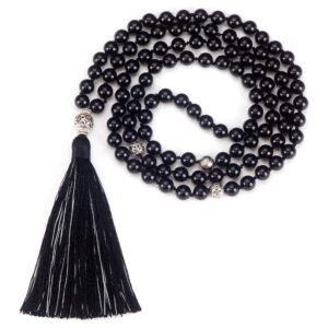 cherry tree collection mala necklace | 108 hand-knotted 8mm gemstone round beads, antiqued guru and counter beads, and tassel | meditation, buddhist prayer, healing (black tourmaline)