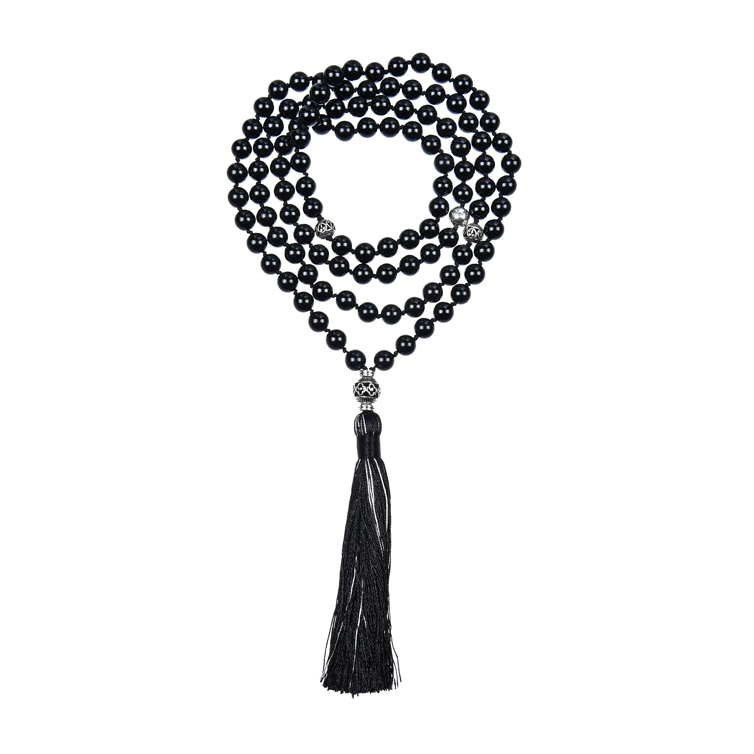 Cherry Tree Collection Mala Necklace | 108 Hand-Knotted 8mm Gemstone Round Beads, Antiqued Guru and Counter Beads, and Tassel | Meditation, Buddhist Prayer, Healing (Black Tourmaline)