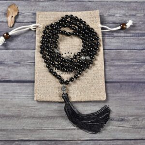 Cherry Tree Collection Mala Necklace | 108 Hand-Knotted 8mm Gemstone Round Beads, Antiqued Guru and Counter Beads, and Tassel | Meditation, Buddhist Prayer, Healing (Black Tourmaline)