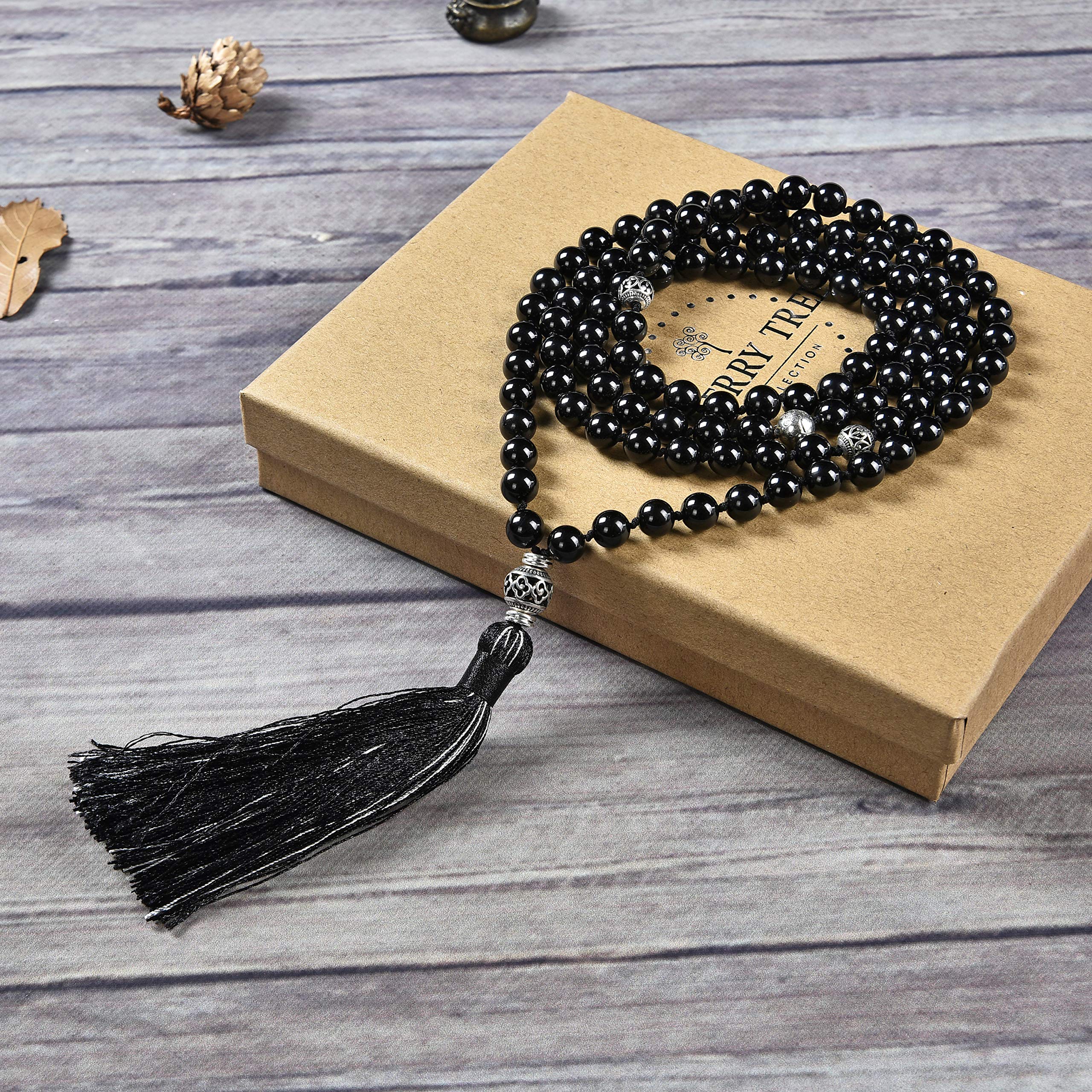 Cherry Tree Collection Mala Necklace | 108 Hand-Knotted 8mm Gemstone Round Beads, Antiqued Guru and Counter Beads, and Tassel | Meditation, Buddhist Prayer, Healing (Black Tourmaline)