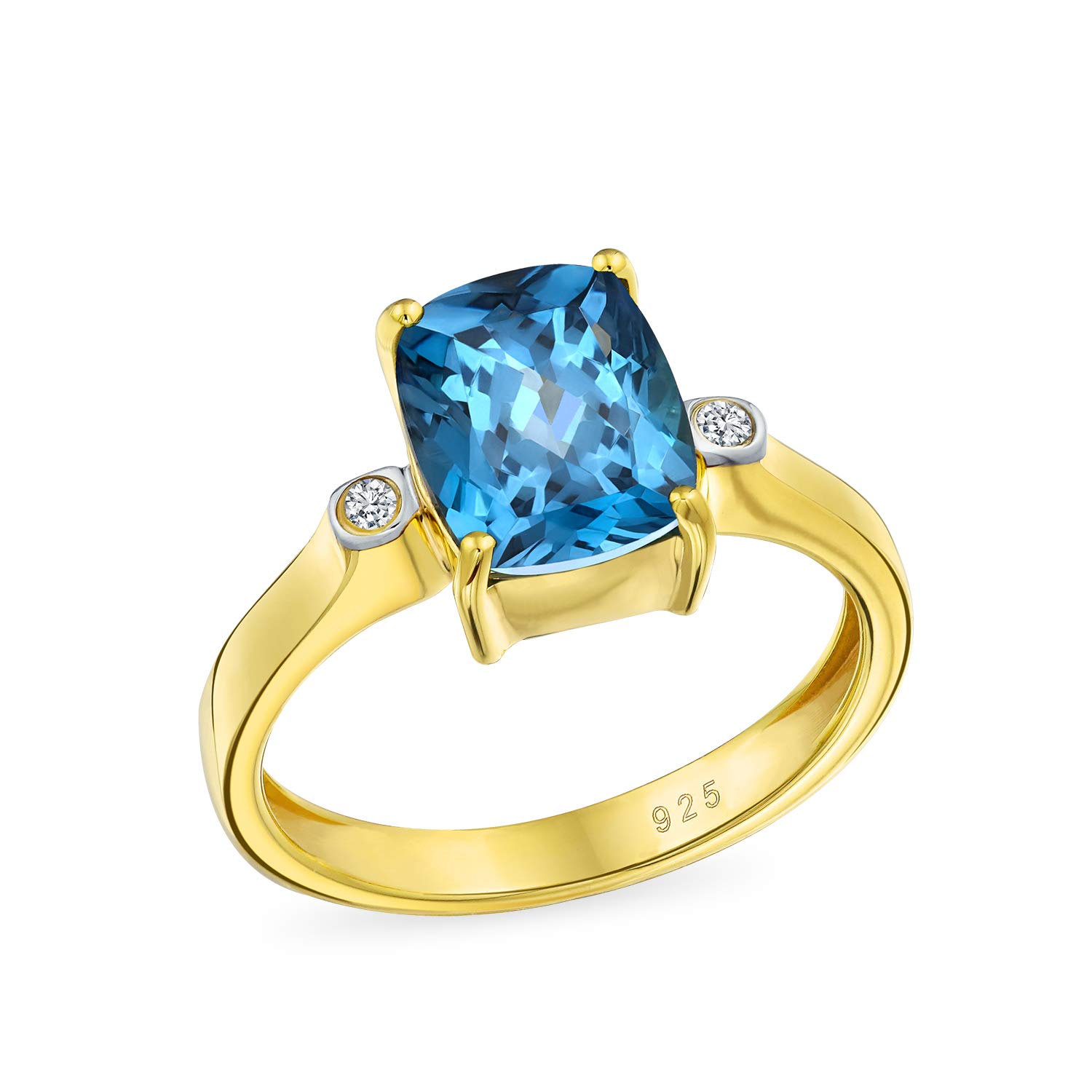 Personalized 3.17CT Genuine Gemstone Birthstones Zircon Accent London Blue Topaz Emerald Cut Engagement Ring Yellow 14K Gold Plated .925 Sterling Silver Customizable