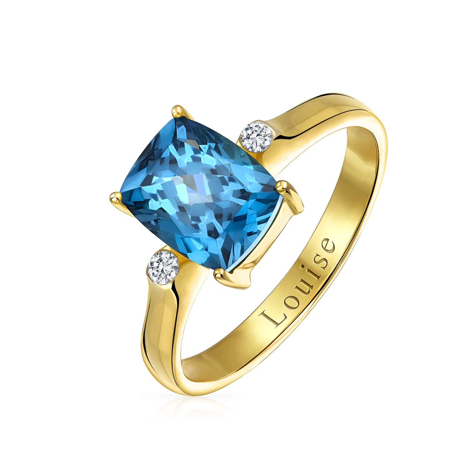 Personalized 3.17CT Genuine Gemstone Birthstones Zircon Accent London Blue Topaz Emerald Cut Engagement Ring Yellow 14K Gold Plated .925 Sterling Silver Customizable