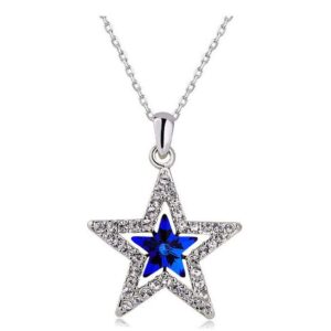 ailuor five-pointed star sapphire crystal pendant necklace, fashion silver crystal hollow star jewelry for women (blue)