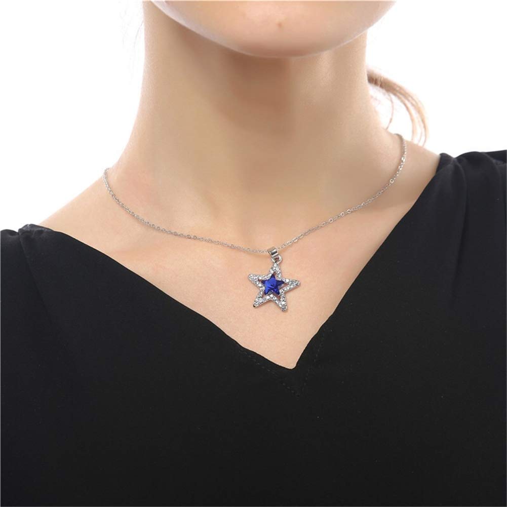 AILUOR Five-Pointed Star Sapphire Crystal Pendant Necklace, Fashion Silver Crystal Hollow Star Jewelry for Women (Blue)