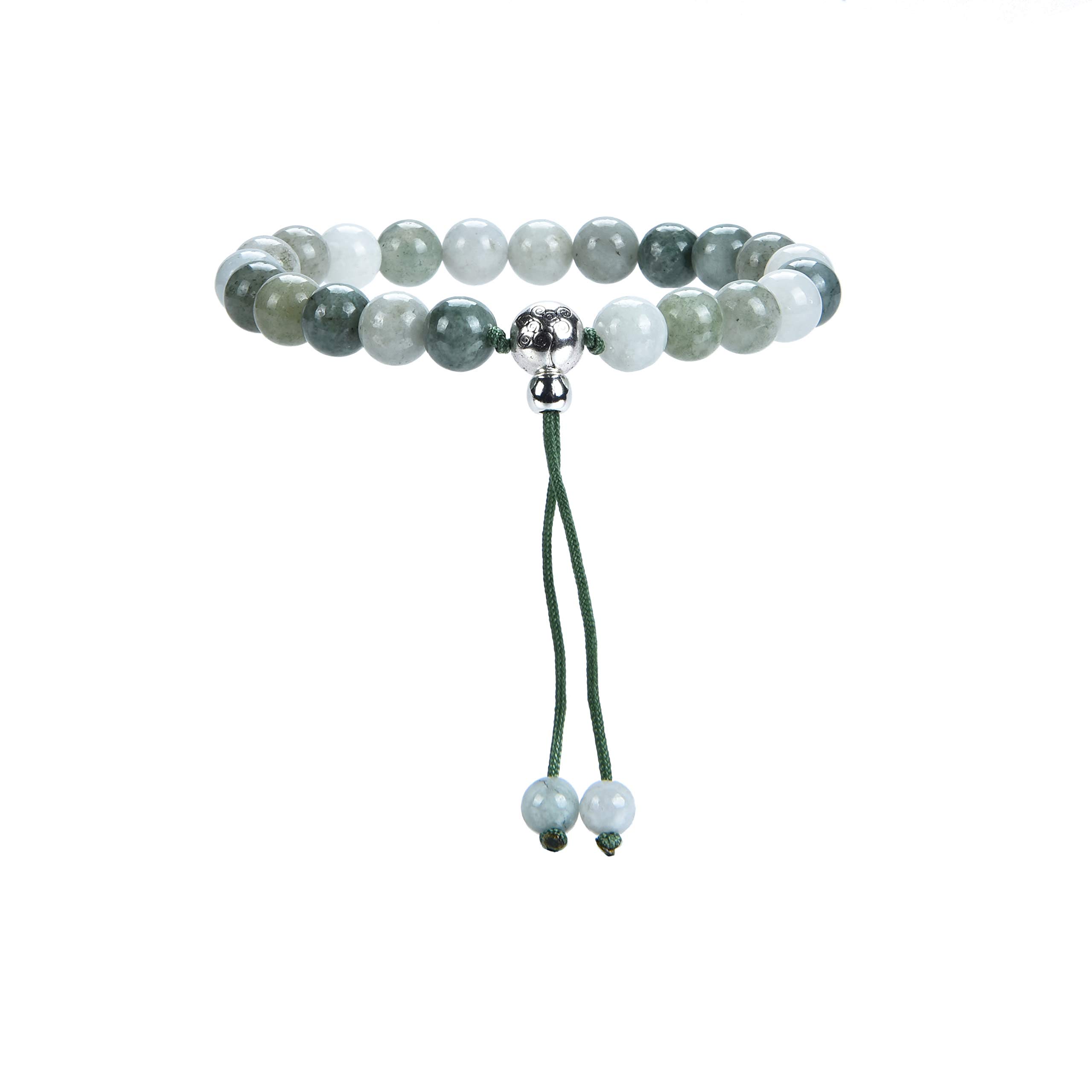 Cherry Tree Collection Mala Bracelet | 8mm Natural Gemstone Round Beads, Guru Bead, Durable Nylon Cord | Adjustable Length | Men and Women (Burma Jade - M/L)