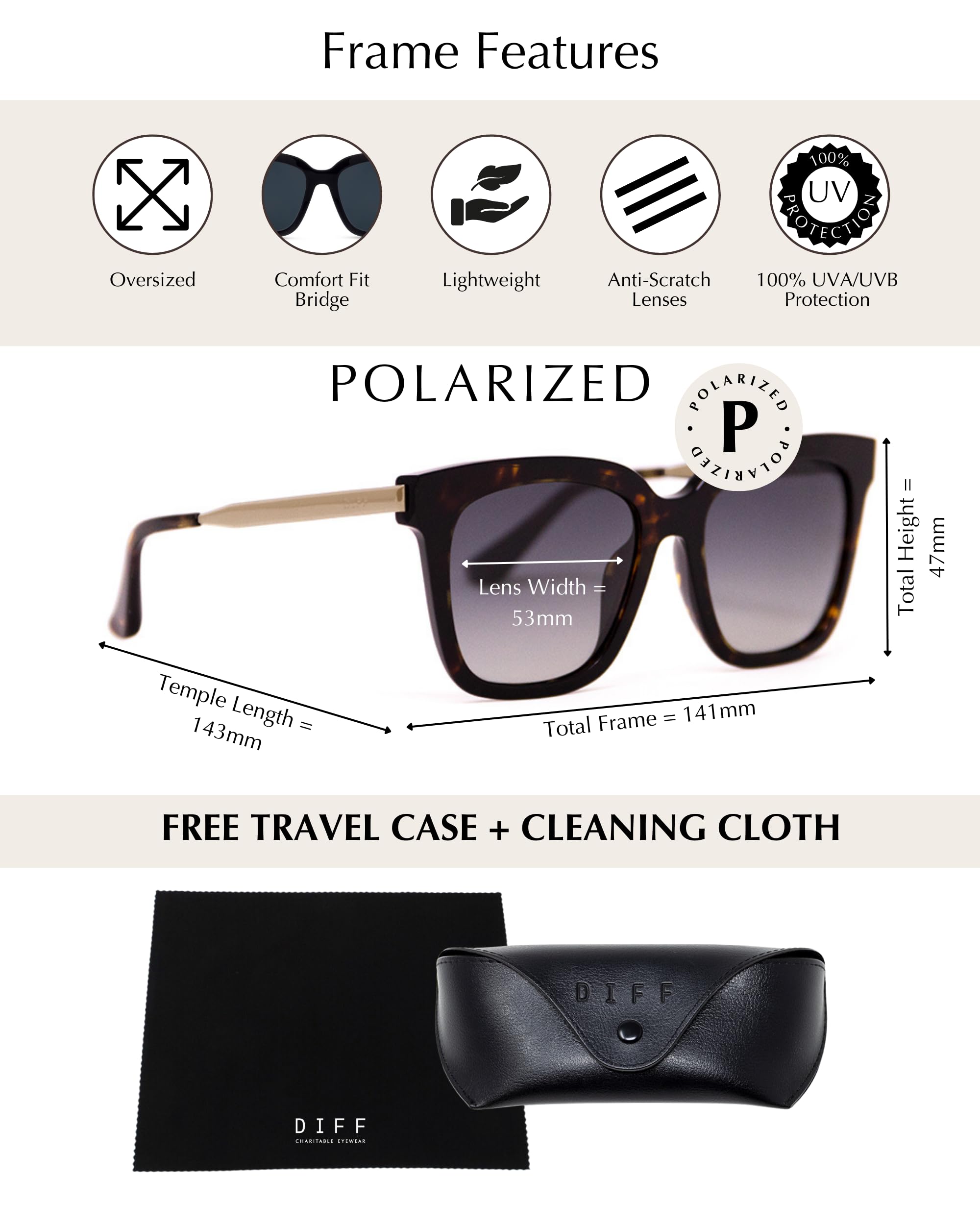 DIFF Bella Designer Square Oversized Sunglasses for Women UV400 Polarzied Protection w/giftable travel case, Amber Tortoise + Steel Gradient