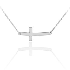 14k white gold sideways curved cross necklace - 16" rolo chain