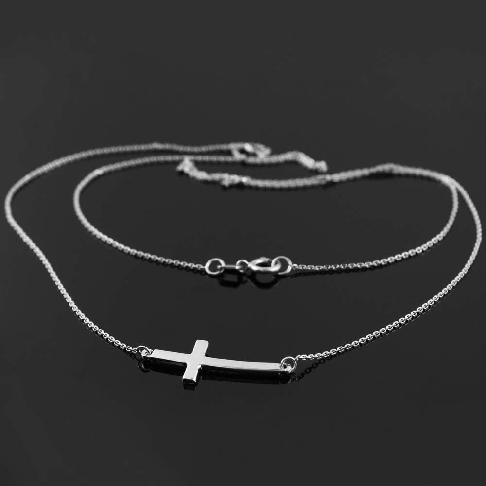 14K White Gold Sideways Curved Cross Necklace - 16" Rolo Chain