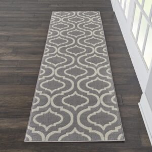 Nourison Jubilant Trellis Grey 2'3" x 7'3" Area -Rug, Easy -Cleaning, Non Shedding, Bed Room, Living Room, Dining Room, Kitchen (2x7)