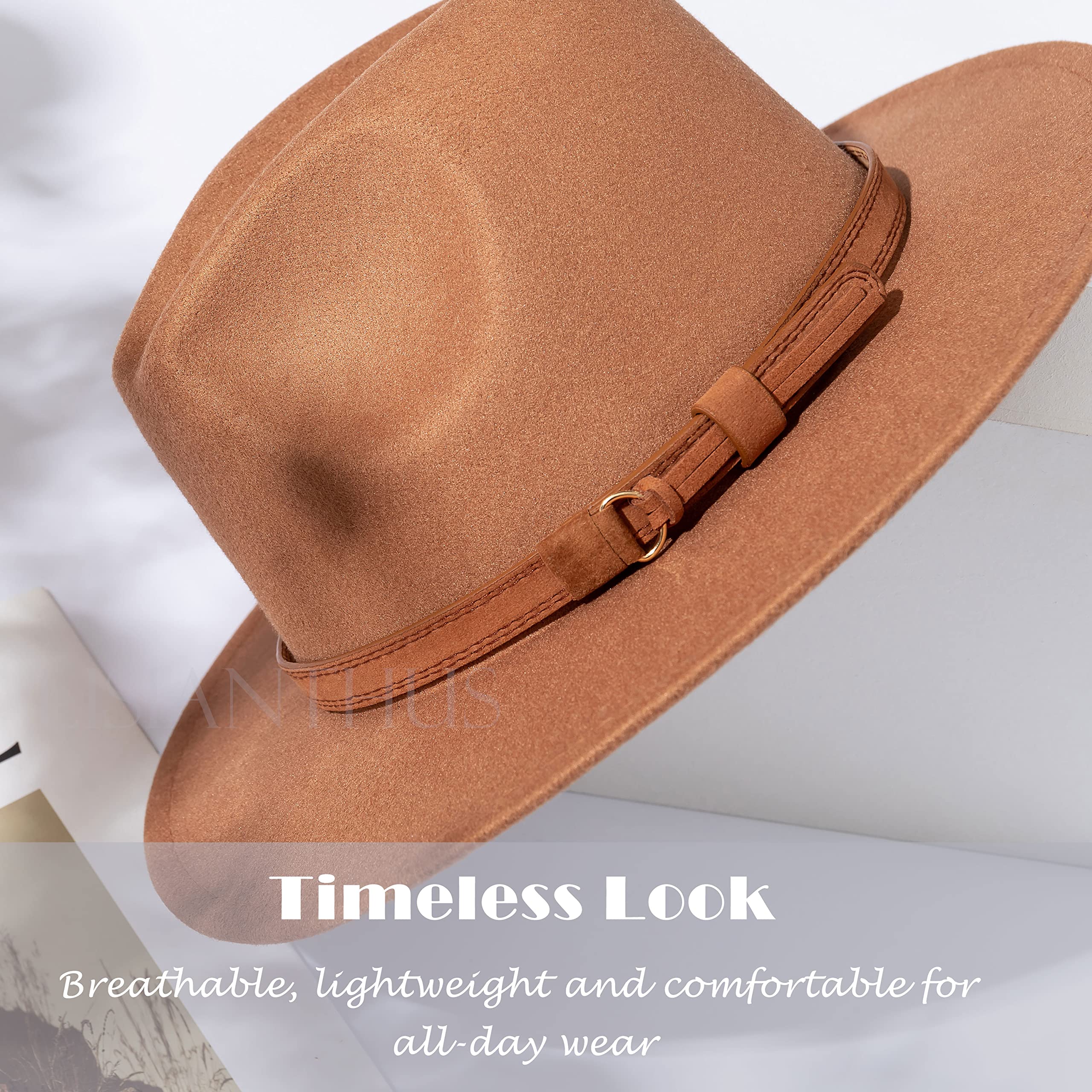 Lisianthus Men & Women Vintage Wide Brim Fedora Hat with Belt Buckle A-Khaki 59-60cm