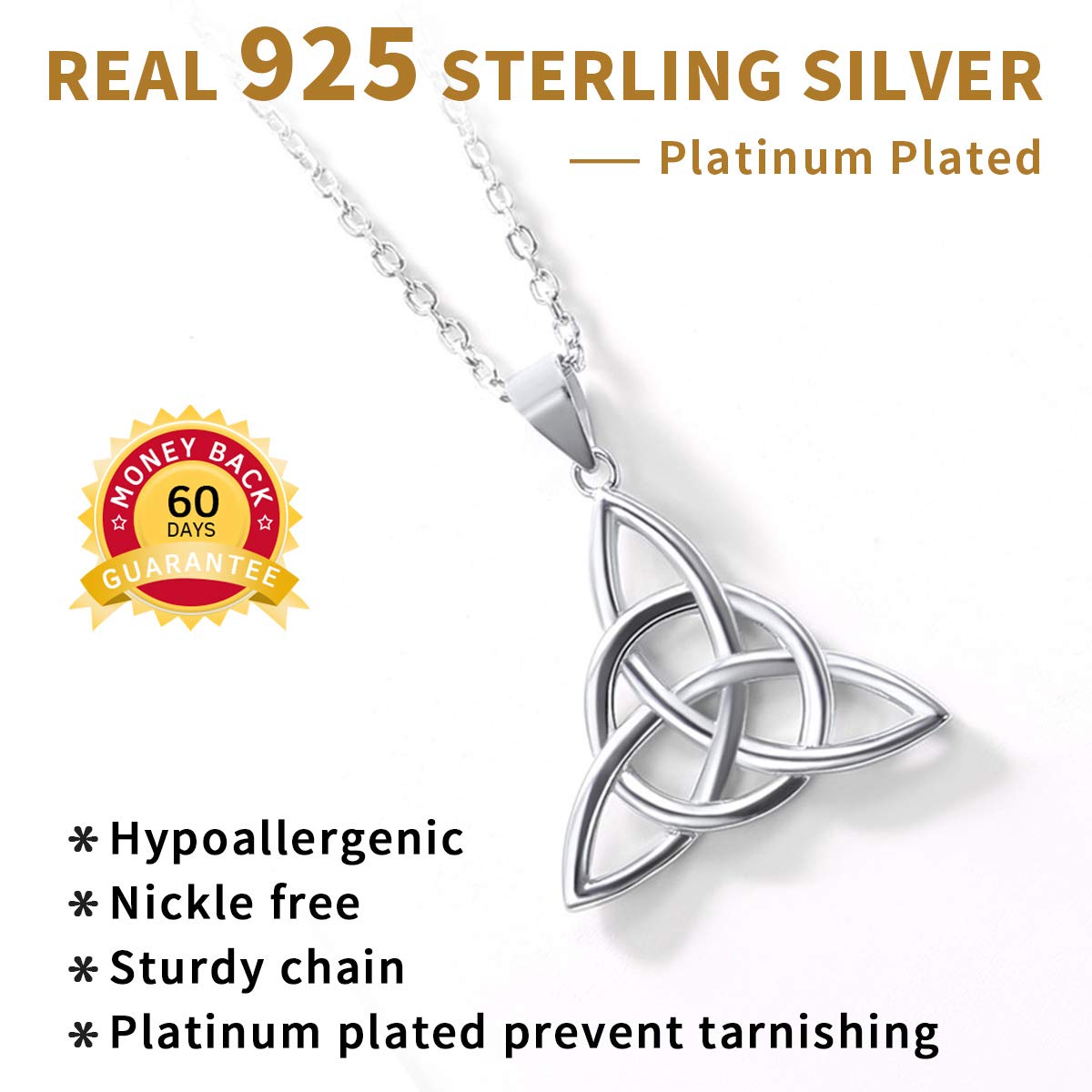 925 Sterling Silver Pendant Necklaces Dainty Simple Good Luck Irish Celtic Knot Triangle Necklaces