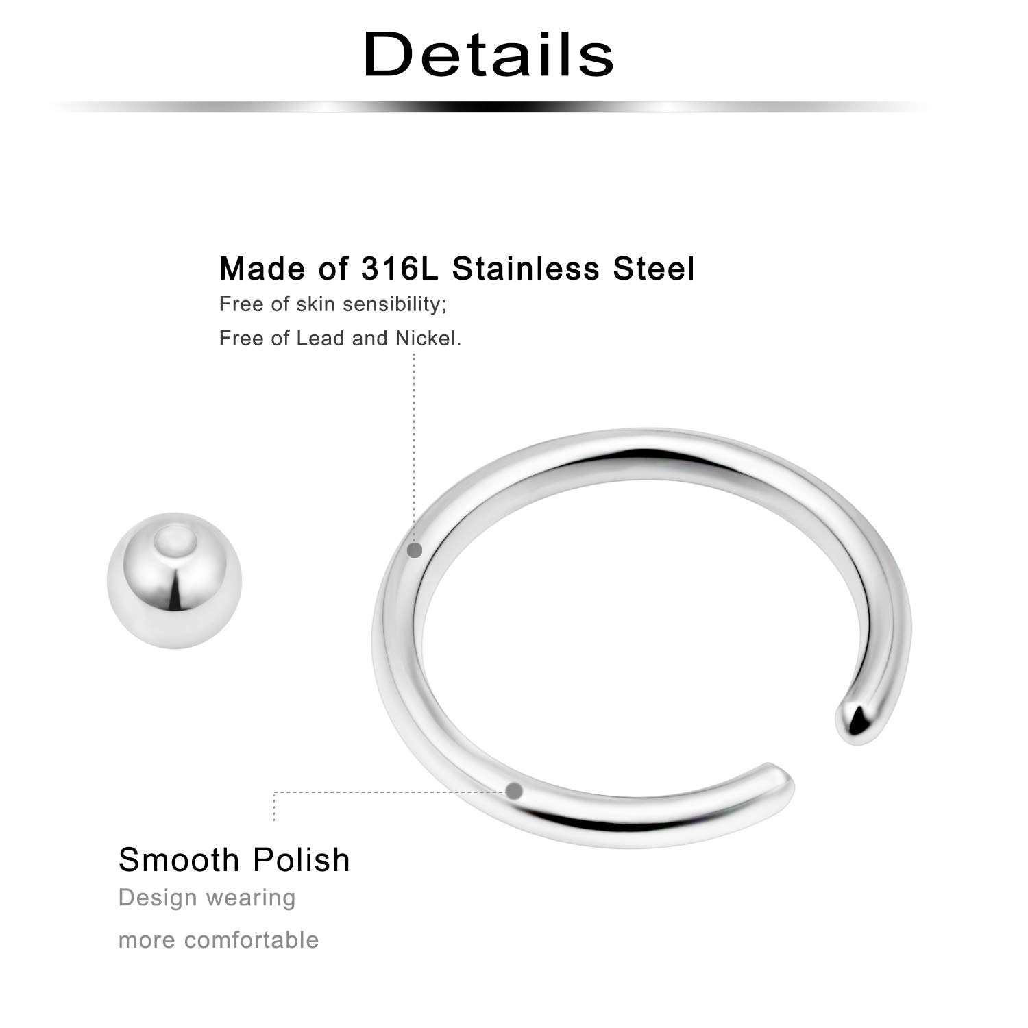 Ftovosyo 14G 36PCS Captive Bead Ring Stainless Steel Nose Nostril Septum Tragus Belly Helix Lip Eyebrow Earring Hoop Rings for Women 10mm