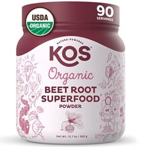 kos organic beet root powder, usda certified - natural nitric oxide booster, superfood for stamina, energy, circulation - non-gmo, plant-based, 90 servings