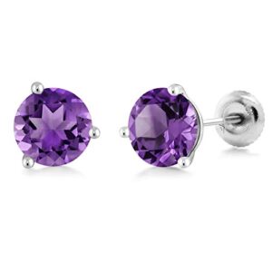 gem stone king 18k white gold purple amethyst 3-prong martini stud earrings for women (2.00 cttw, gemstone birthstone, round 6mm)