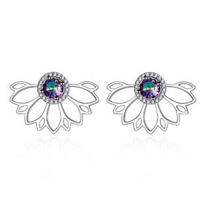 ChicSilver Hypoallergenic Ear Jacket Stud Lotus Flower Earrings for Women, 925 Sterling Silver Colorful Topaz Front/Back Stud Earrings for Sensitive Ear Dainty Fashion Jewelry