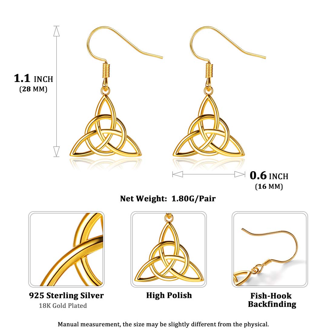 ChicSilver Celtic Earrings Gold 925 Sterling Silver Drop Earrings Trinity Knot Hypoallergenic Earrings for Women