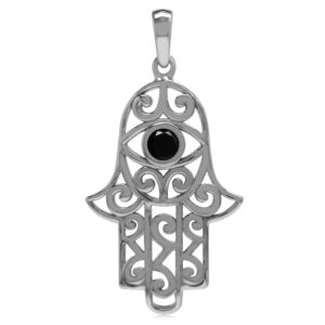 silvershake natural black spinel 925 sterling silver evil eye on hamsa hand pendant