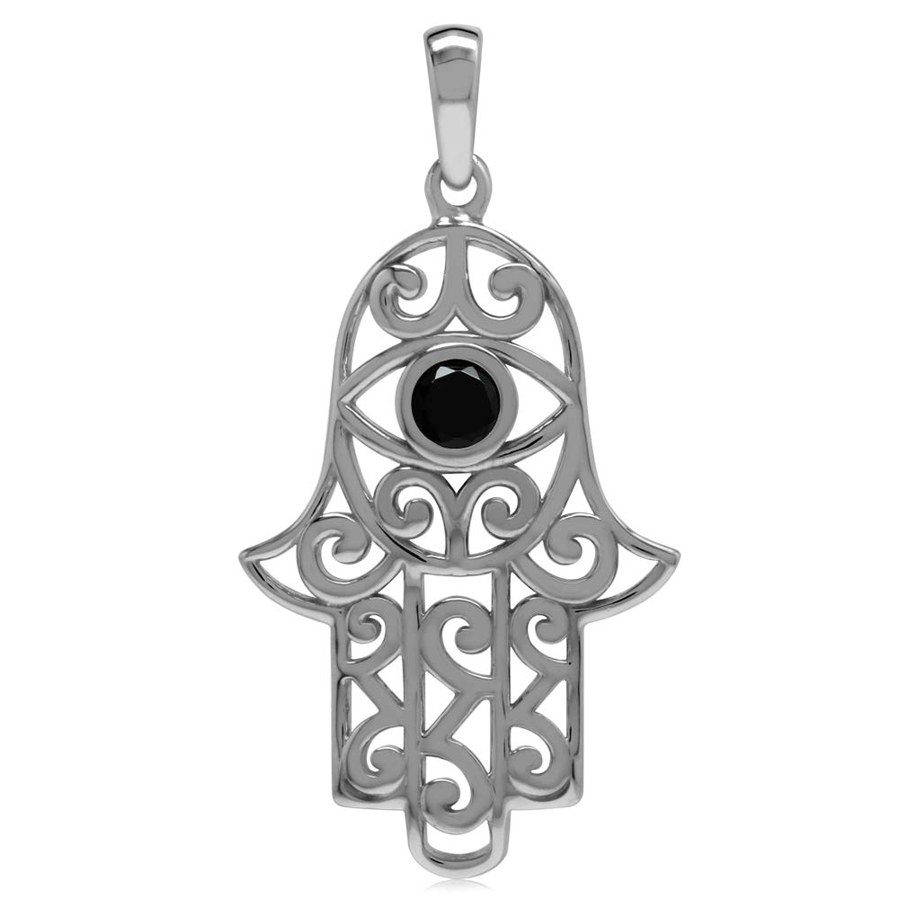 Silvershake Natural Black Spinel 925 Sterling Silver Evil Eye on Hamsa Hand Pendant