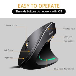 shoplease Wired Vertical Mouse, Optical Ergonomic Mouse with 4 Adjustable 800/1200/2000/3200, 5 Buttons USB Computer Mouse, Better for Large and Medium Sized Hands