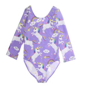 TENVDA Gymnastics Leotards for Girls 3t 4t Long Sleeve Tumbling Outfit Sparkly Purple Unicorn Toddler Kids Bodysuits