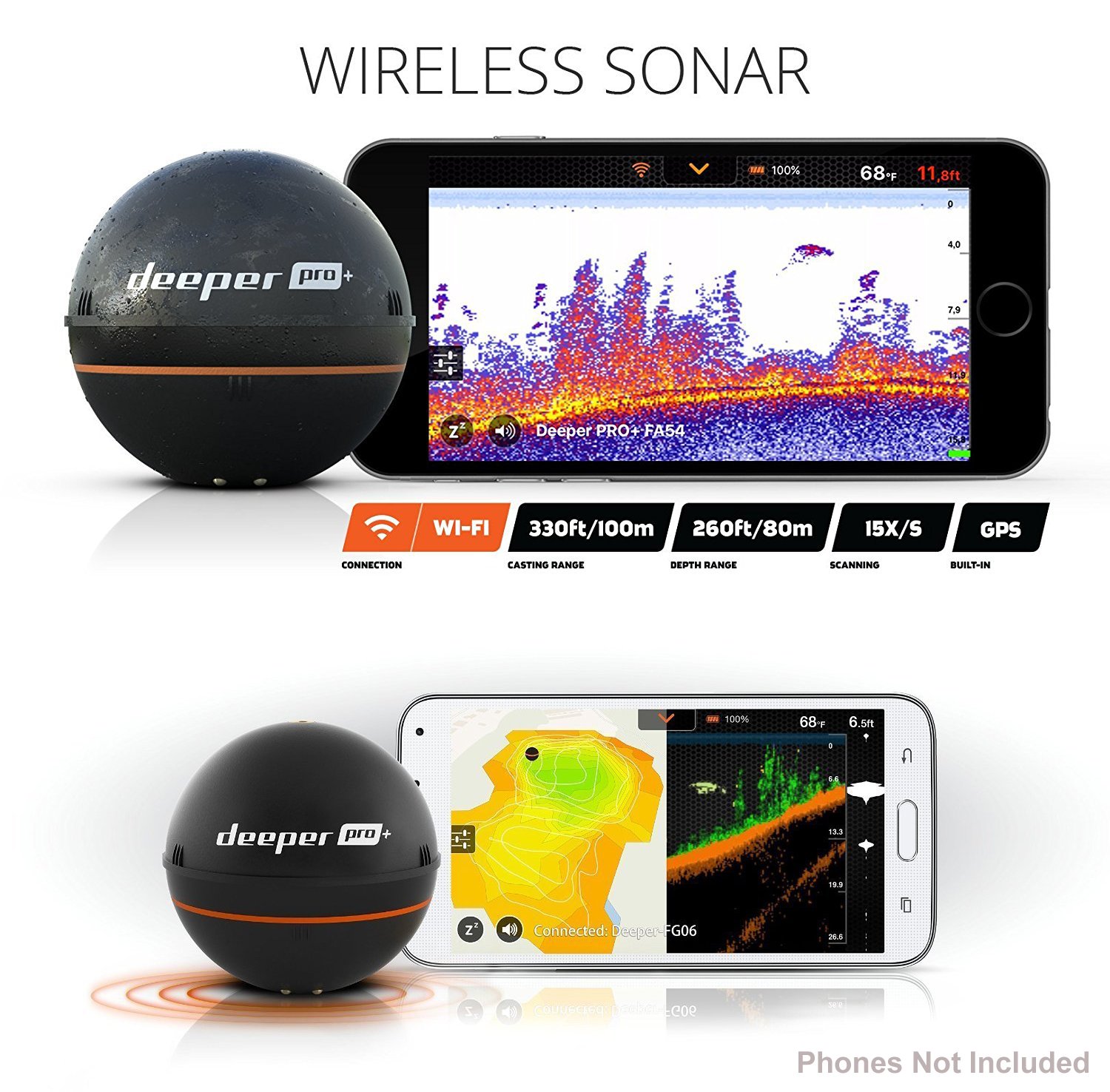 Deeper Smart Sonar PRO+ Series, 2.55", Black - GPS, Wi-Fi Connected Wireless, Castable, Portable Smart Fishfinder for iOS & Android Devices, Z-Tool & Universal Waterproof Cellphone Case (Bundle)