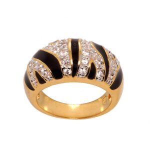 Tiger Stripe Cubic Zirconia and Black Enamel Two Tone Modified Dome Fashion Ring Size 8