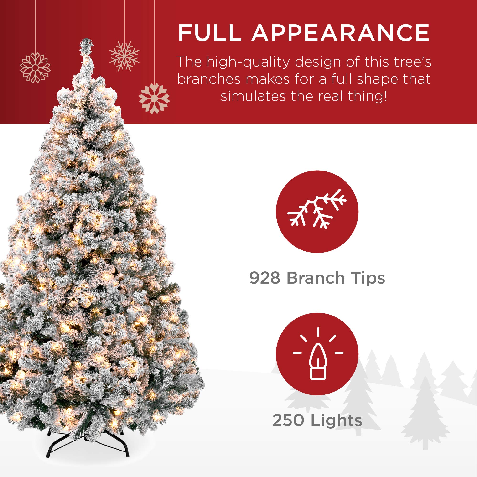 Best Choice Products 6ft Pre-Lit Snow Flocked Artificial Holiday Christmas Pine Tree for Home, Office, Party Decoration w/ 250 Warm White Lights, Metal Hinges & Base