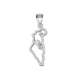 Fine 14k White Gold Jewish Charm Diamond Outline Map Of Israel Pendant